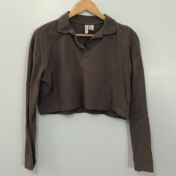 H&M Gray Oversized Cropped Long Sleeve Polo Top Boxy Cotton Button Y2K Small - Picture 2 of 5